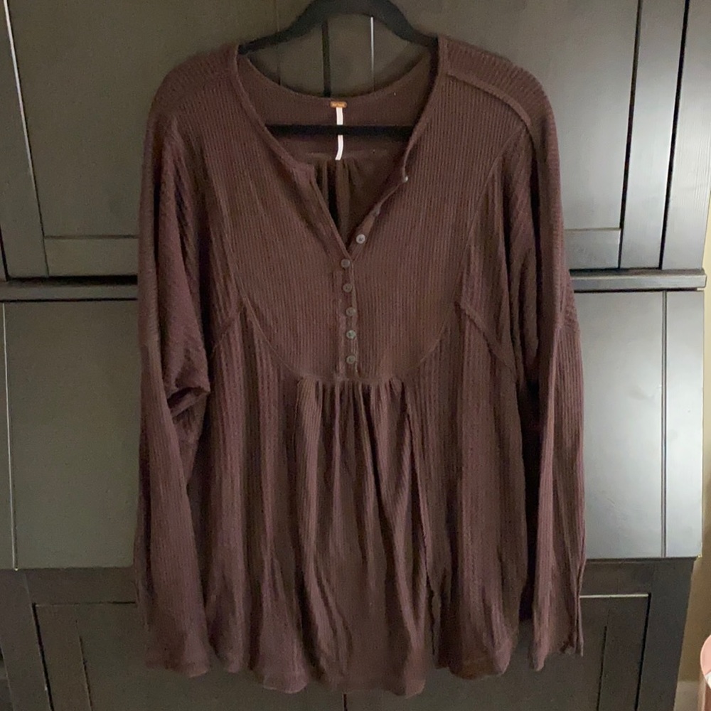 Free People Brown Waffle Thermal Long Sleeve Top with Buttons